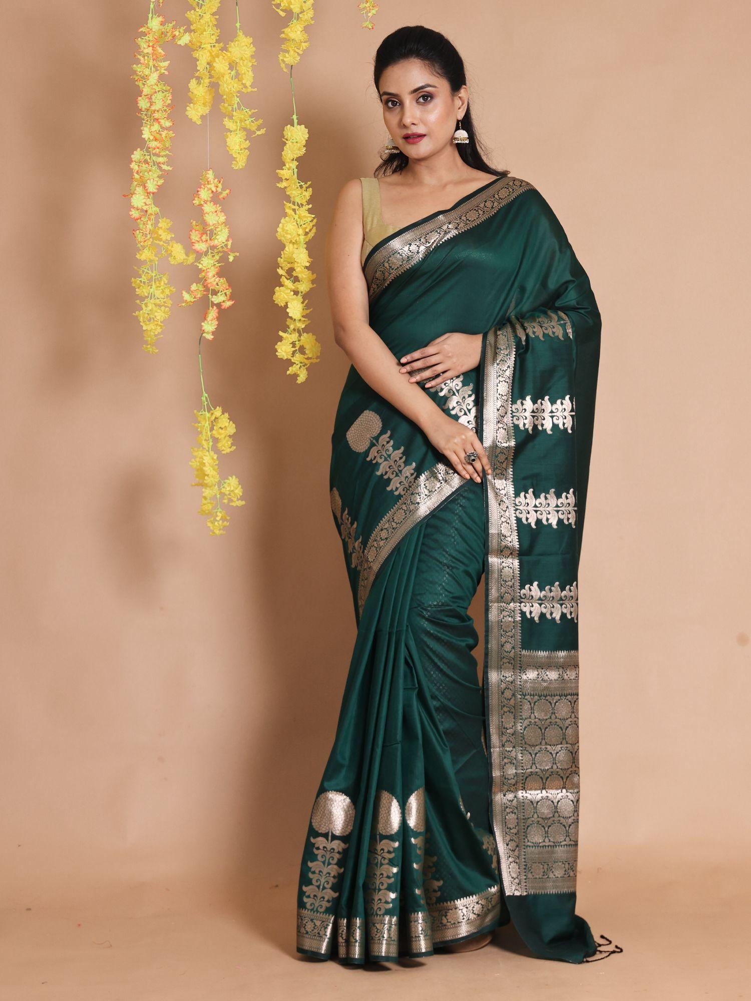 emerald green silk zari floral designs & motifs handwoven saree with unstitched blouse