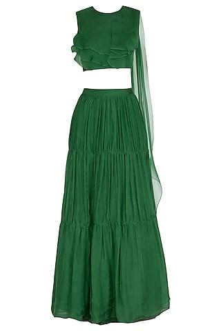 emerald green skirt & crop top with attached drape dupatta
