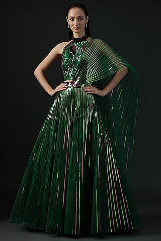 emerald green striped & tulle lehenga set