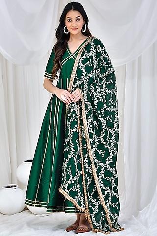 emerald green taffeta silk gota embroidered anarkali set