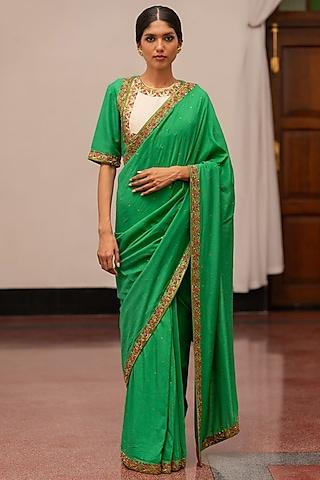 emerald green tissue embroidered woven saree set