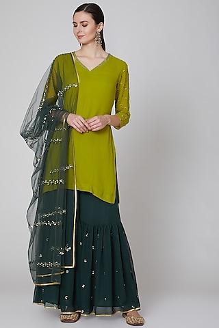 emerald green viscose georgette sequins embroidered sharara set for girls