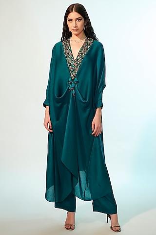 emerald green viscose satin embroidered tunic set