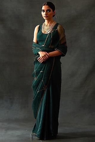 emerald habutai silk & organza embellished saree