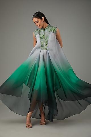 emerald metallic polymer & crepe chiffon dress with belt