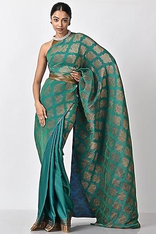 emerald pleated polyester mix  hand embroidered & printed pleated saree set