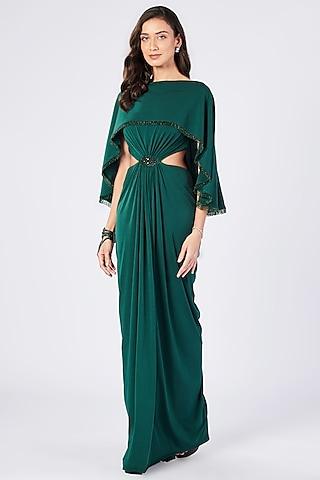 emerald poly jersey draped cape gown