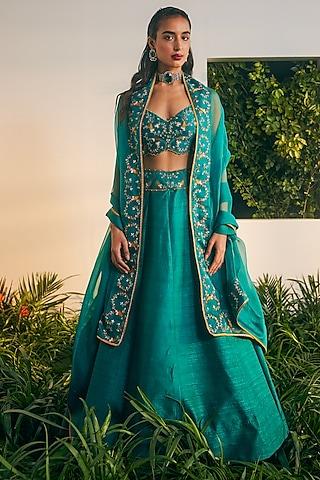 emerald raw silk embroidered lehenga set