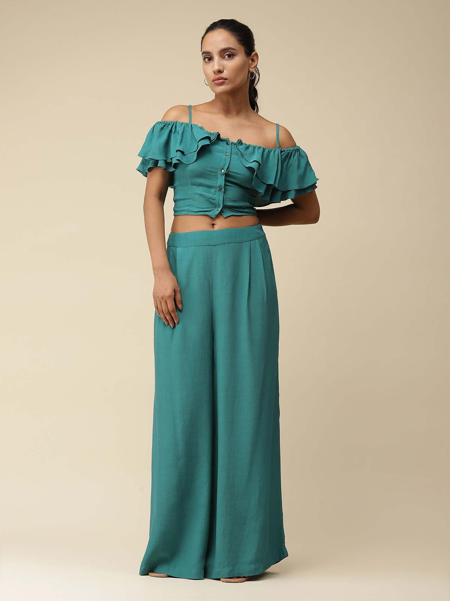 emerald ruffled crop top with solid pants (set of 2)