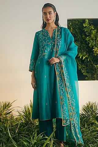 emerald silk chanderi embroidered kalidar kurta set