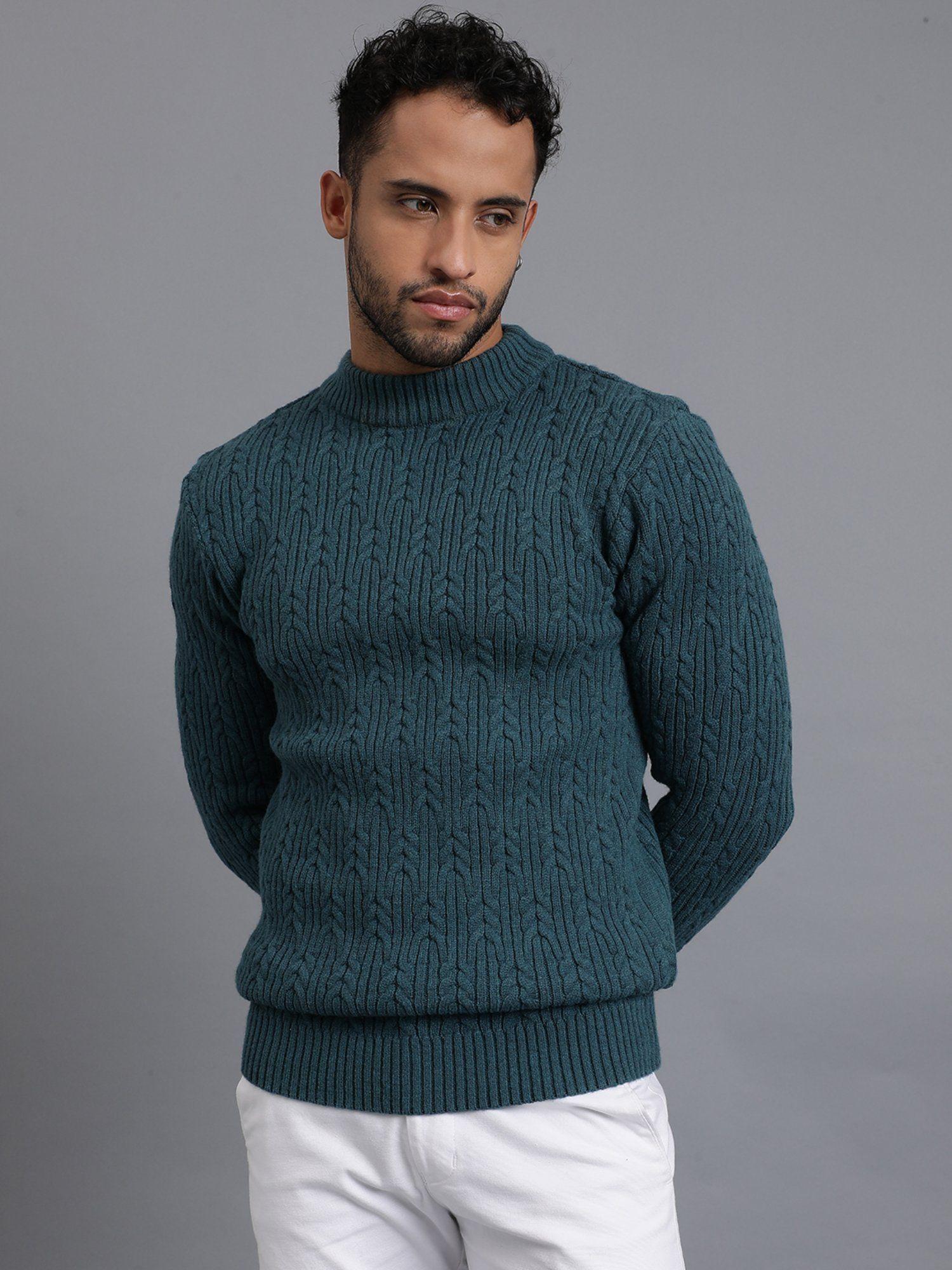 emerald teal luxury all over heavy cable knitted mens wool pullover sweater
