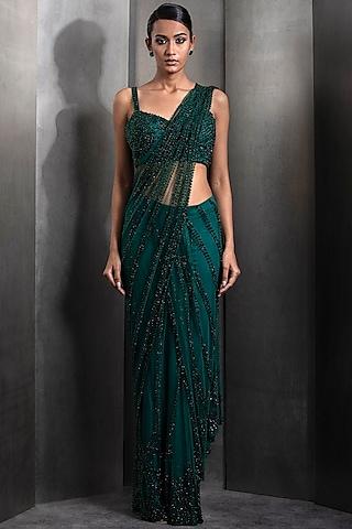 emerald tulle metallic sequins embroidered pre-stitched saree set