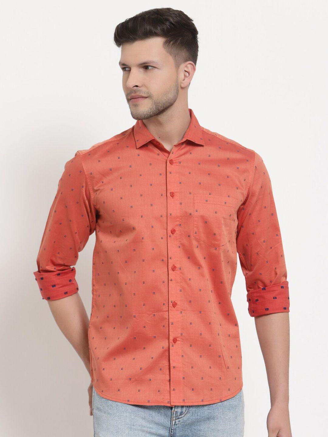 emerals men orange & navy blue standard printed casual shirt