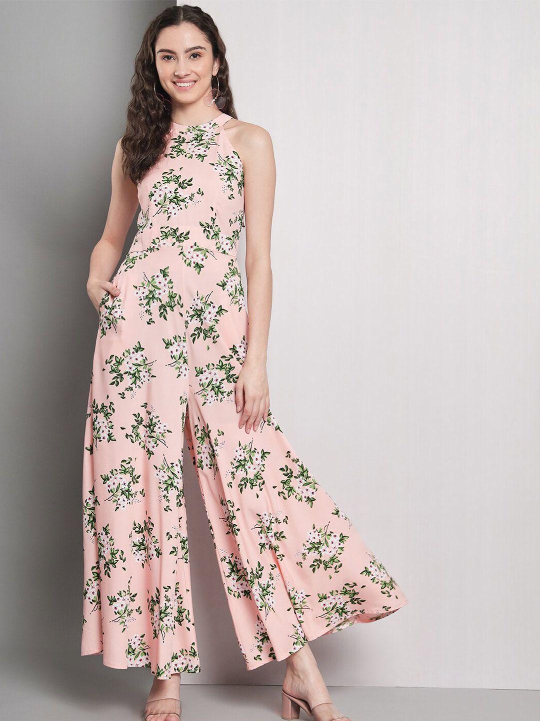 emeros floral printed halter neck tie-up back flared basic jumpsuit