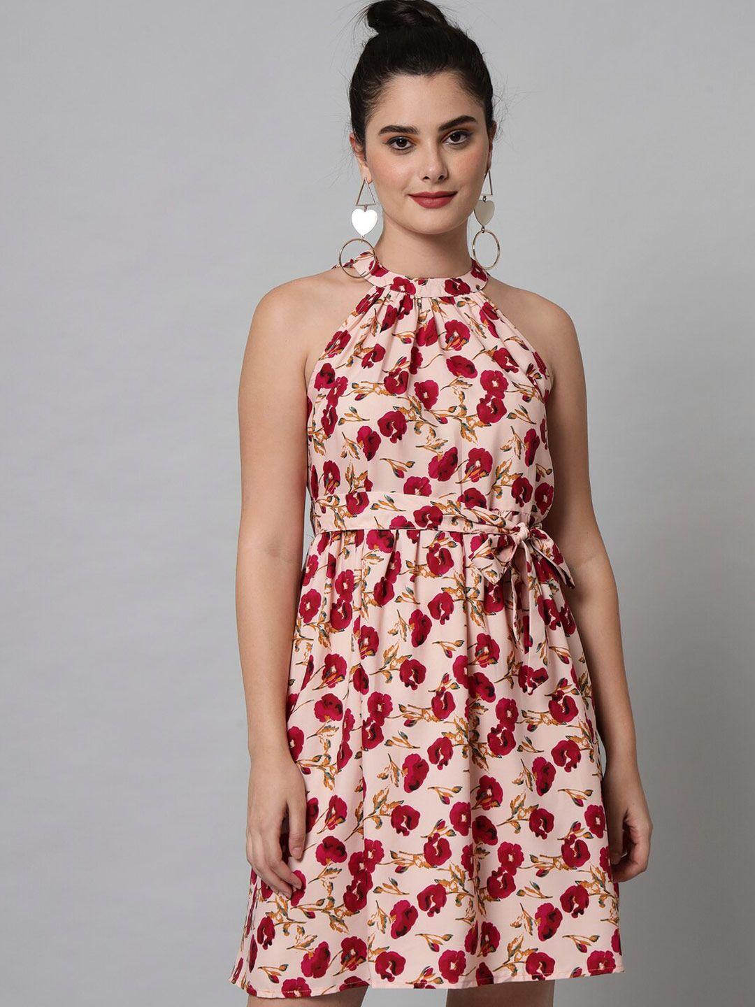 emeros nude-coloured printed floral round neck crepe dress