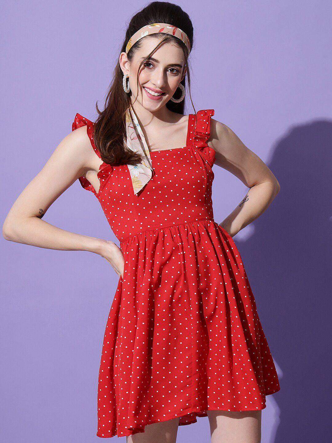 emeros polka dots printed flutter sleeves mini fit & flare dress