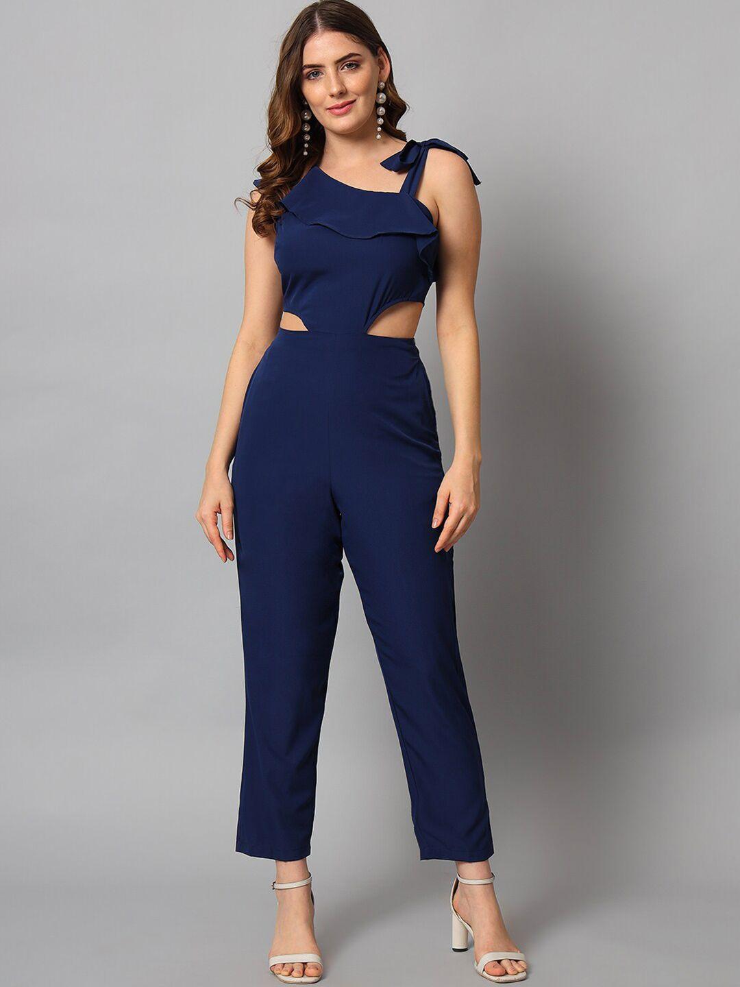 emeros tie-up one shoulder waist cut-out detail basic jumpsuit with ruffles