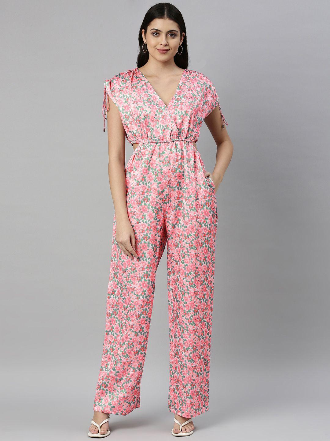 emmyrobe pink & green printed basic wrap jumpsuit