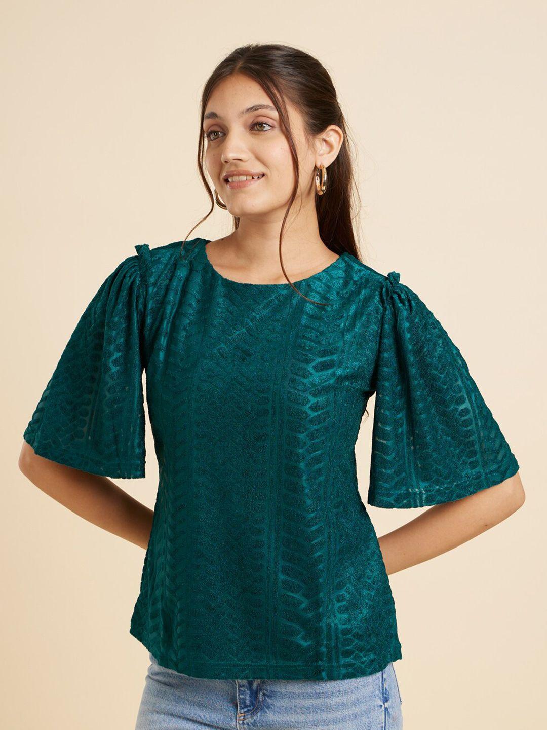 emmyrobe self design round neck flared sleeve ruffled regular top