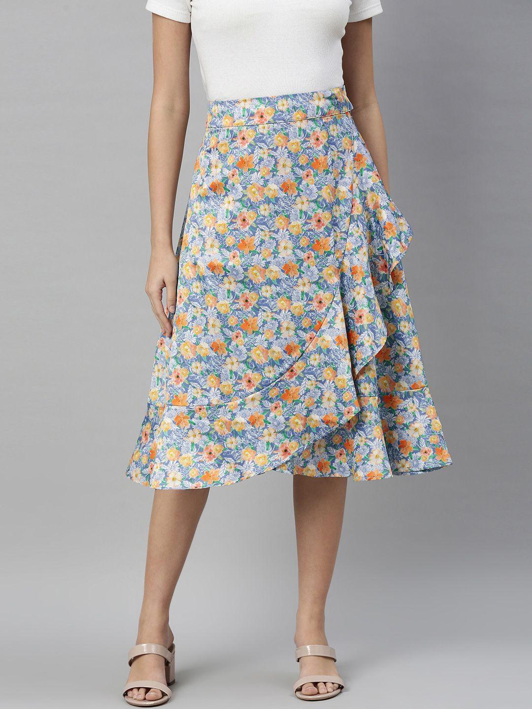 emmyrobe women blue & yellow floral printed tulip hem flared skirt