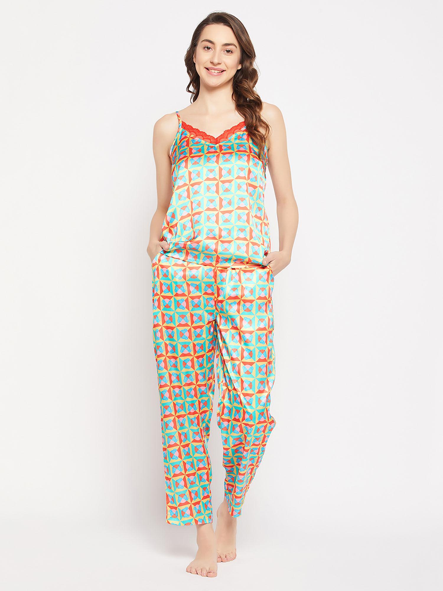 emoji print cami top & pyjama multicolour - satin (set of 2)