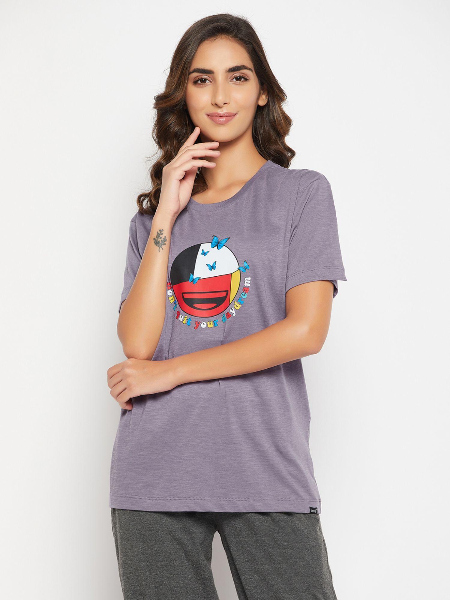 emoji print t-shirt in lilac melange - 100% cotton purple