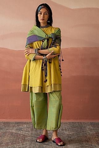 empire yellow handwoven chanderi embellished & block printed tunic set