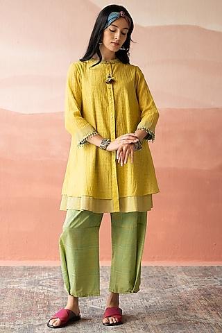 empire yellow handwoven chanderi embellished & block printed tunic set