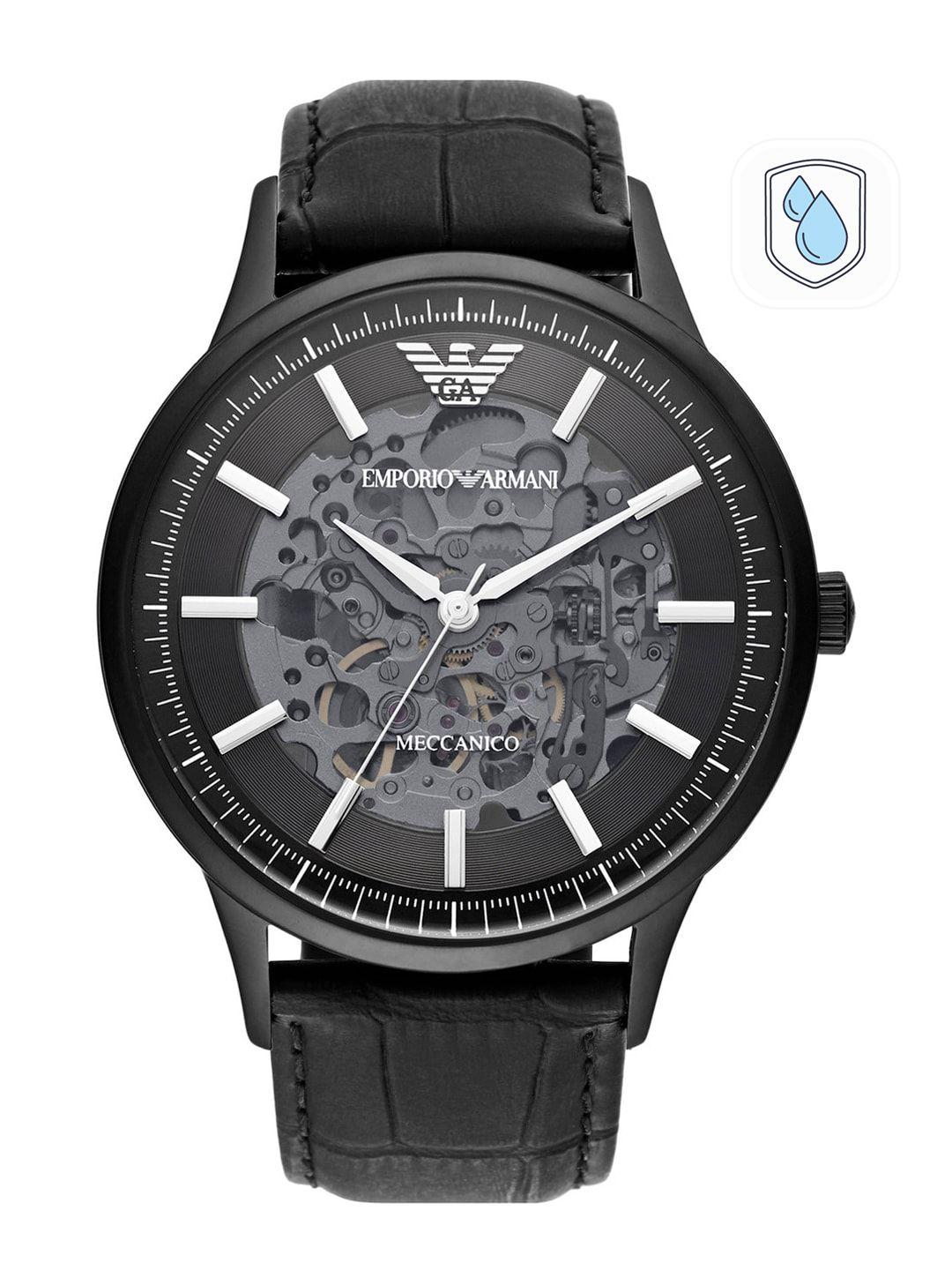 emporio armani men grey skeleton dial leather analogue automatic motion powered watch