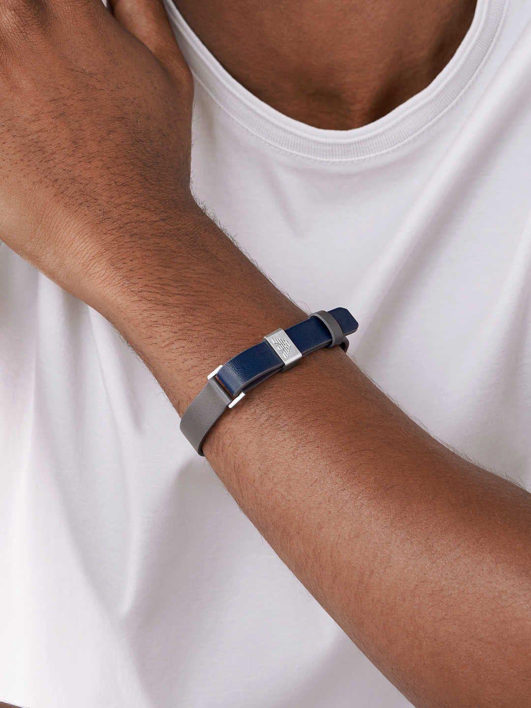 emporio armani men silver-toned & blue link bracelet