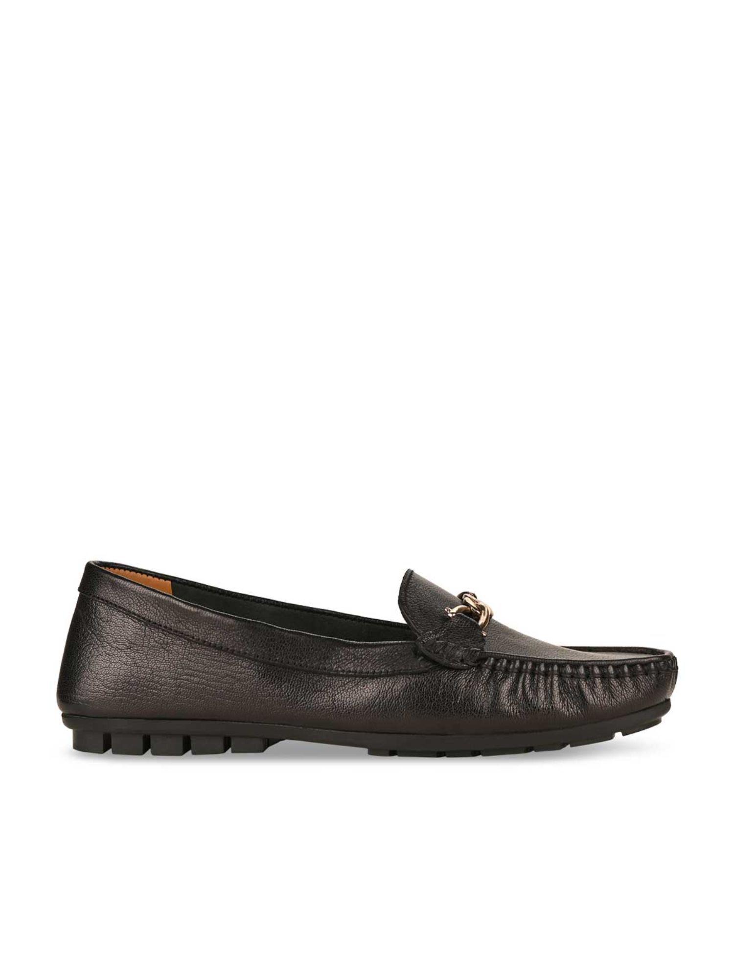 empower by regal black women solid chain embellished leather loafers