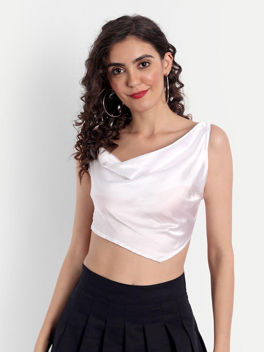 emprall white cowl neck pure satin styled back crop top