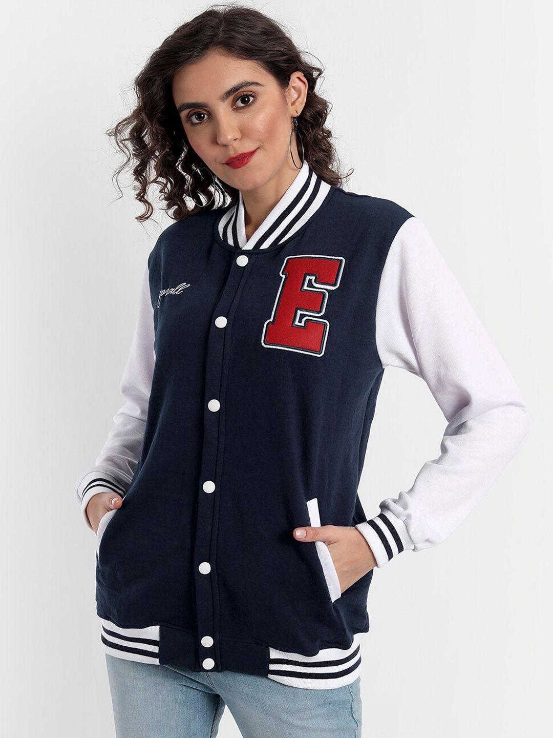 emprall women blue fleece bomber with embroidered jacket