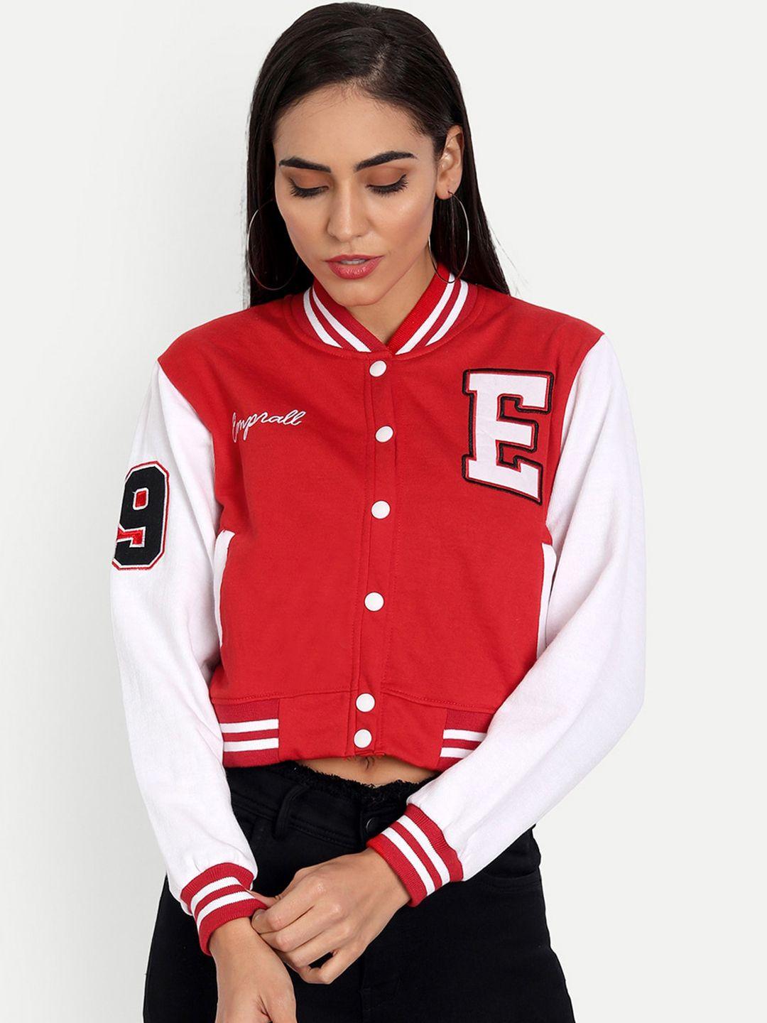 emprall women red fleece crop bomber with embroidered jacket