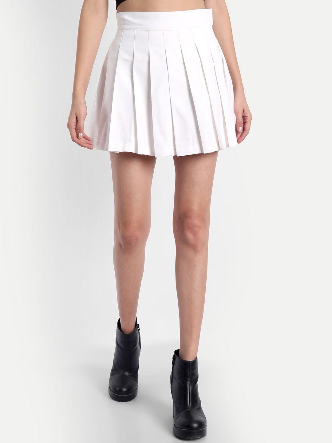 emprall women white solid pleated flared mini skirt