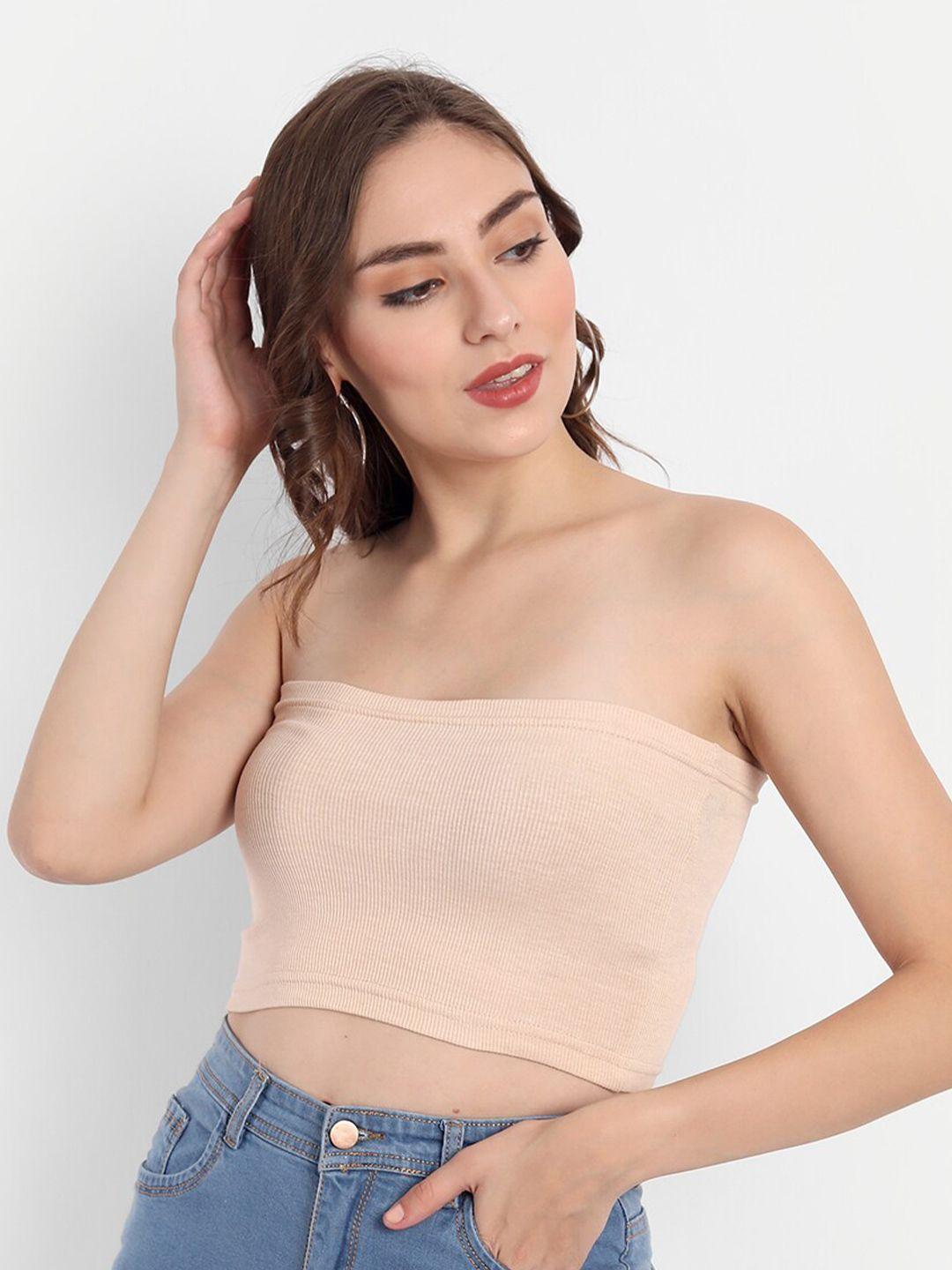 emprall beige solid strapless tube crop top