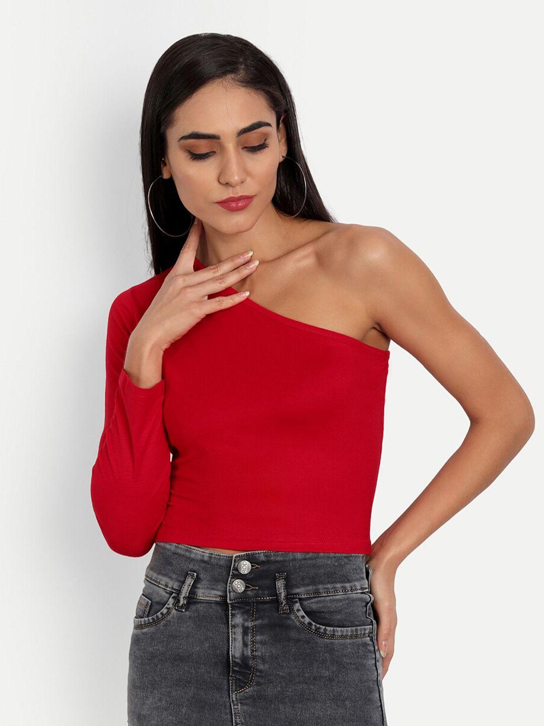 emprall red one shoulder crop top