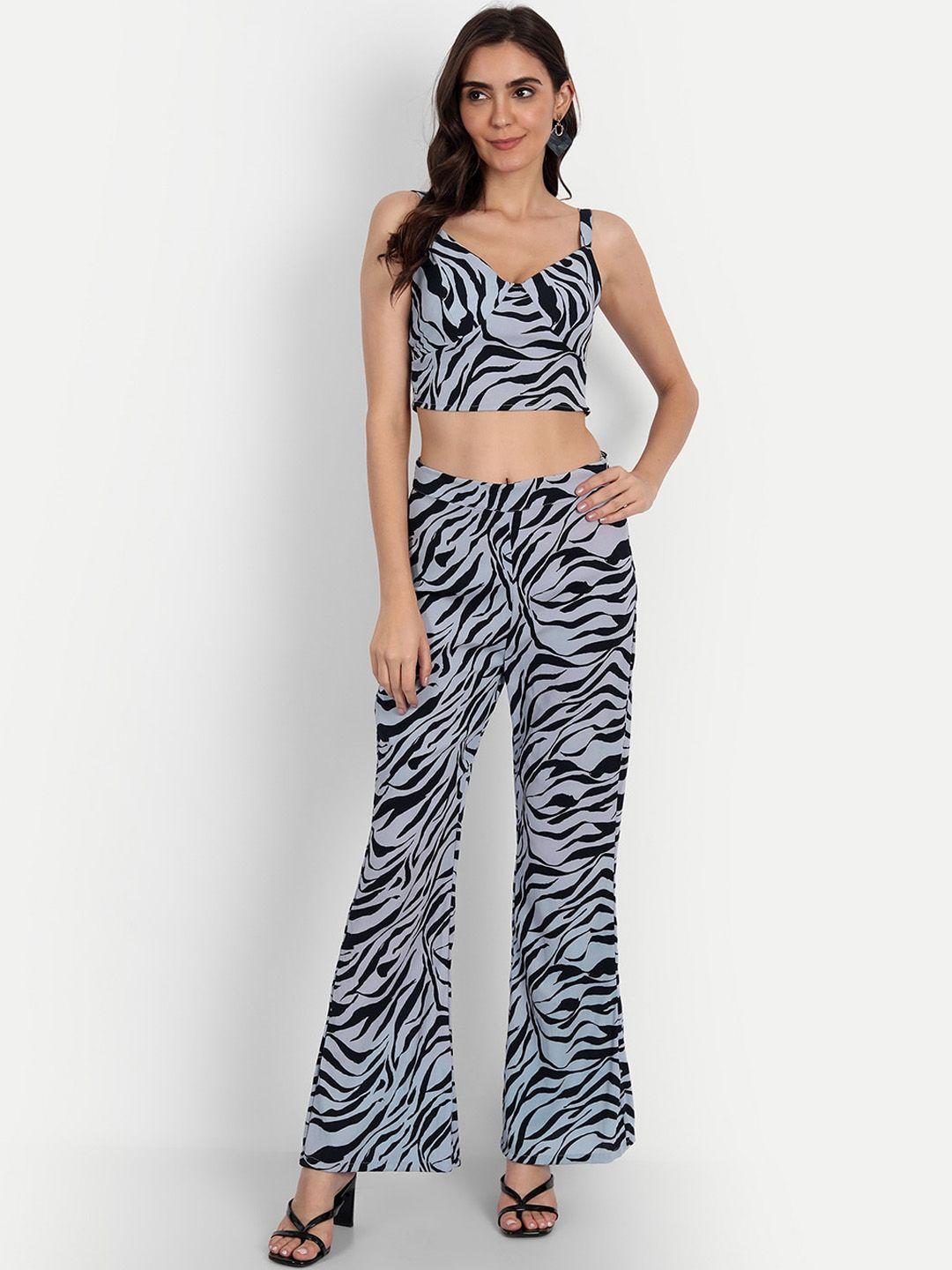 emprall women grey & black zebra printed top with trousers