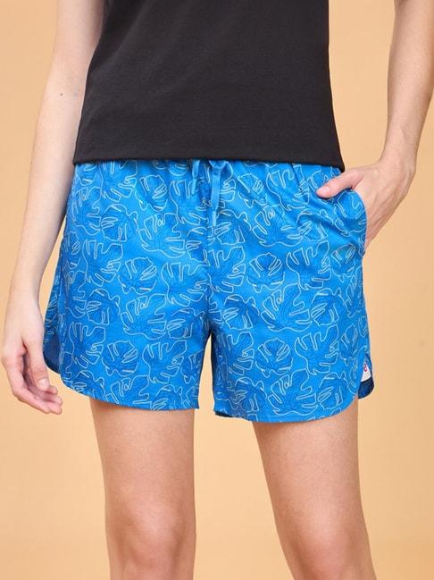 enamor cobalt blue cotton floral print lounge shorts
