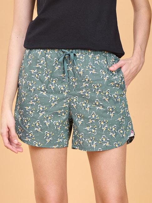 enamor green cotton floral print lounge shorts
