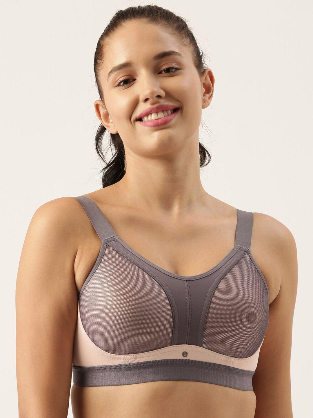 enamor grey & nude-coloured colourblocked workout bra lightly padded