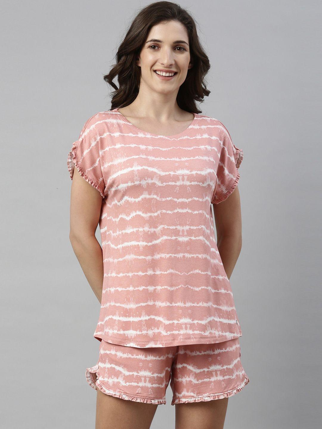 enamor tie & dye home t-shirt and shorts set with ruffled trim