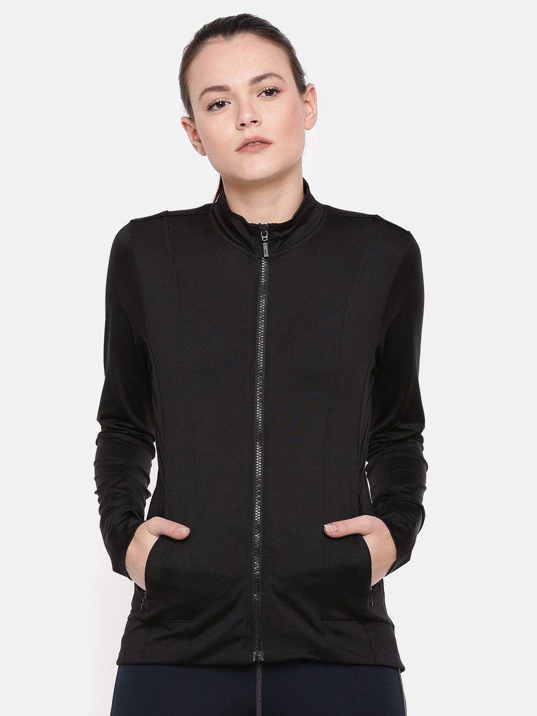 enamor women black solid open front sporty jacket
