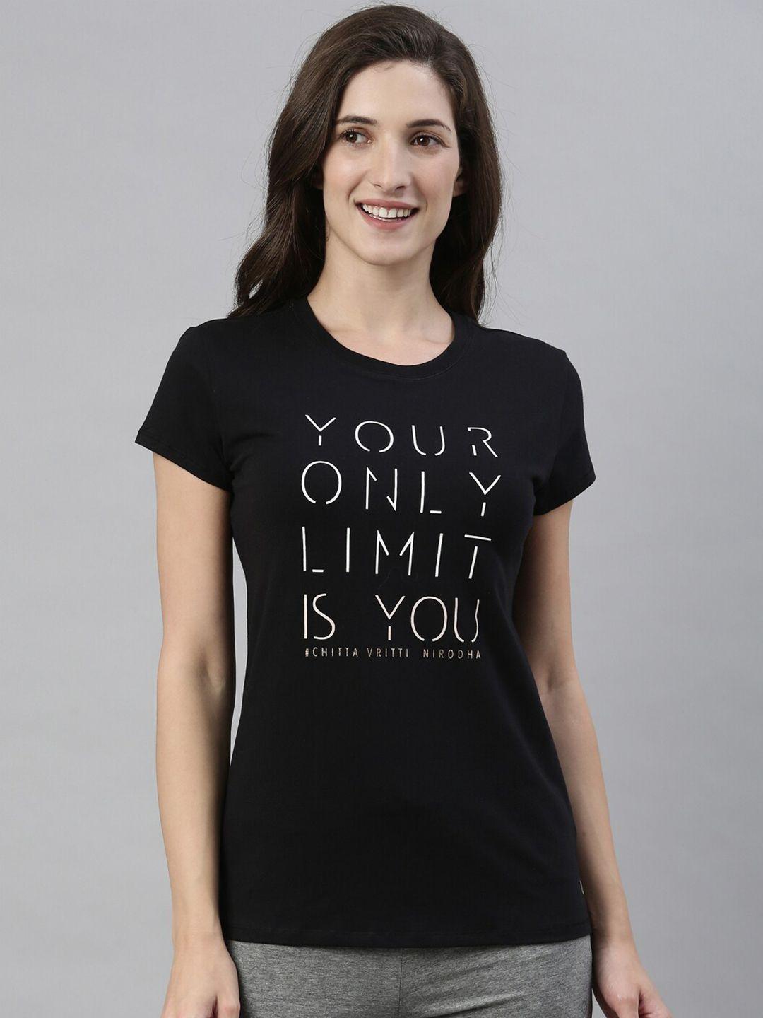 enamor women black typography printed slim fit cotton t-shirt