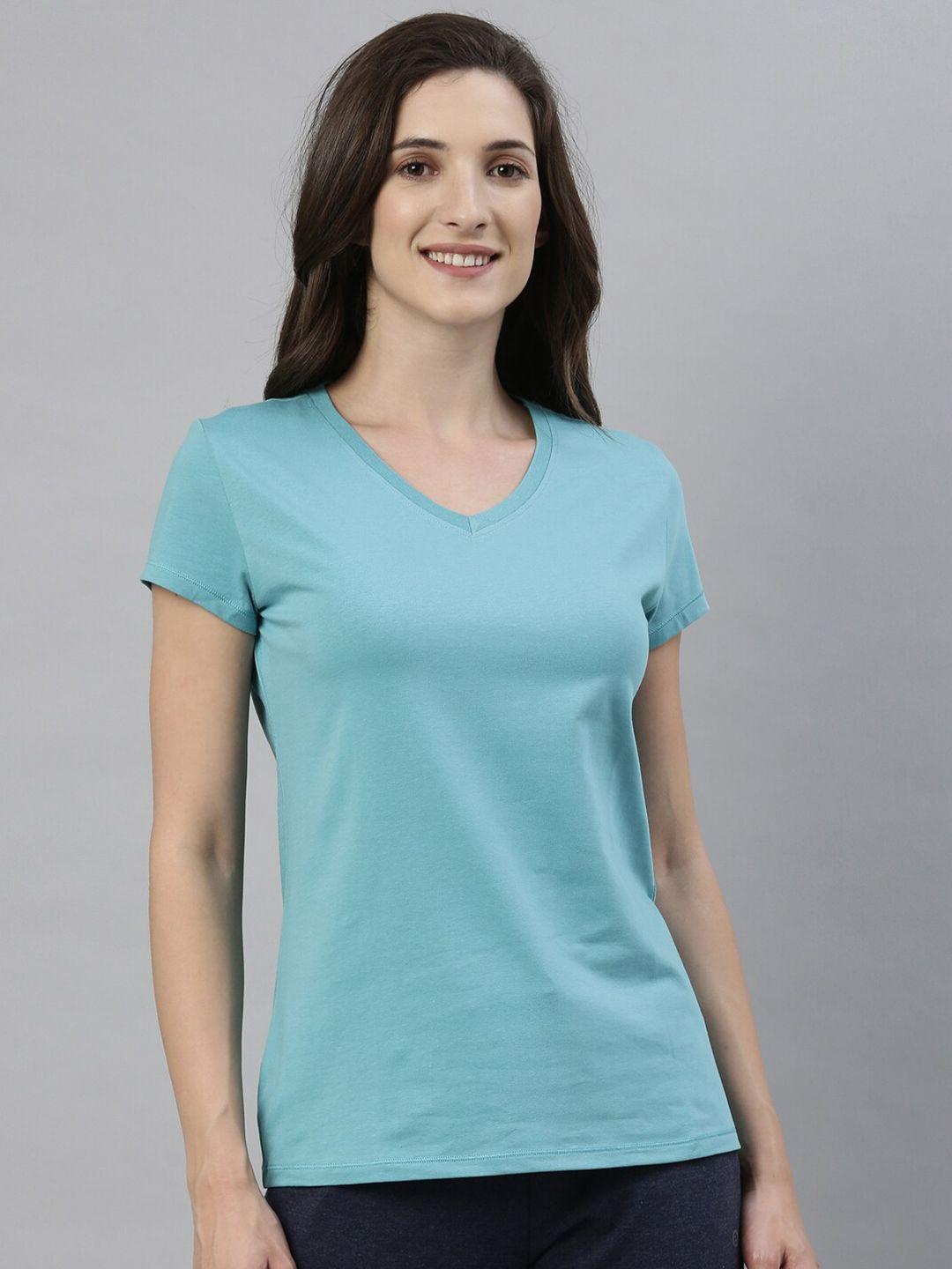 enamor women blue solid slim fit cotton t-shirt