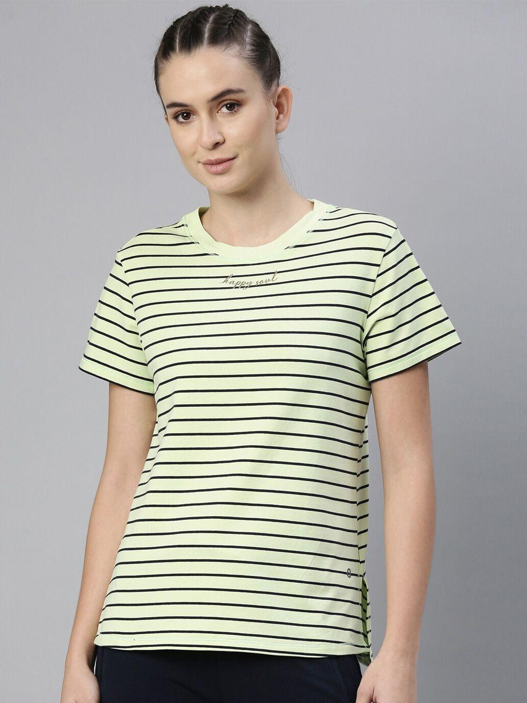 enamor women green & navy blue striped antimicrobial outdoor relaxed fit cotton t-shirt