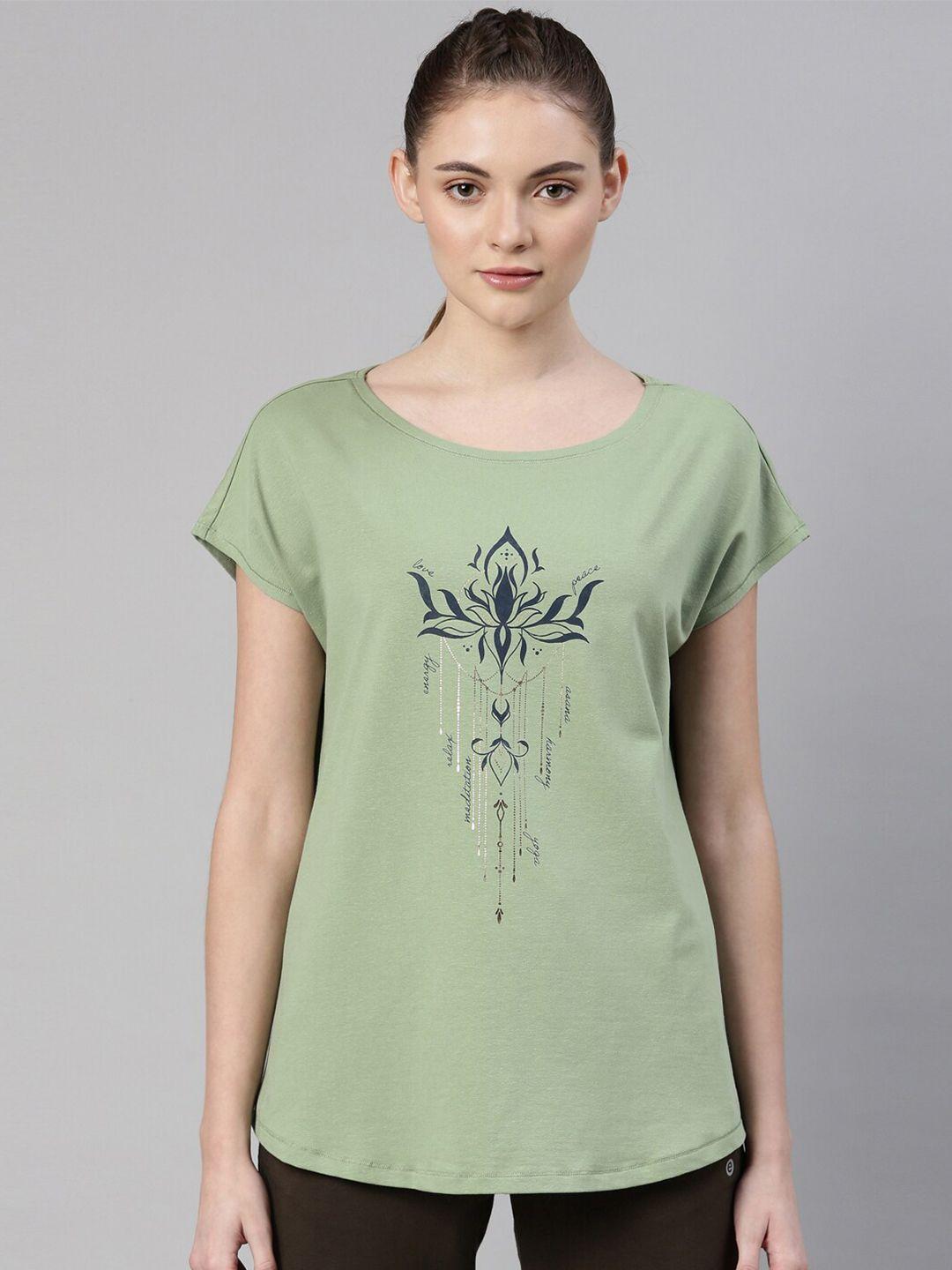 enamor women green printed extended sleeves antimicrobial t-shirt