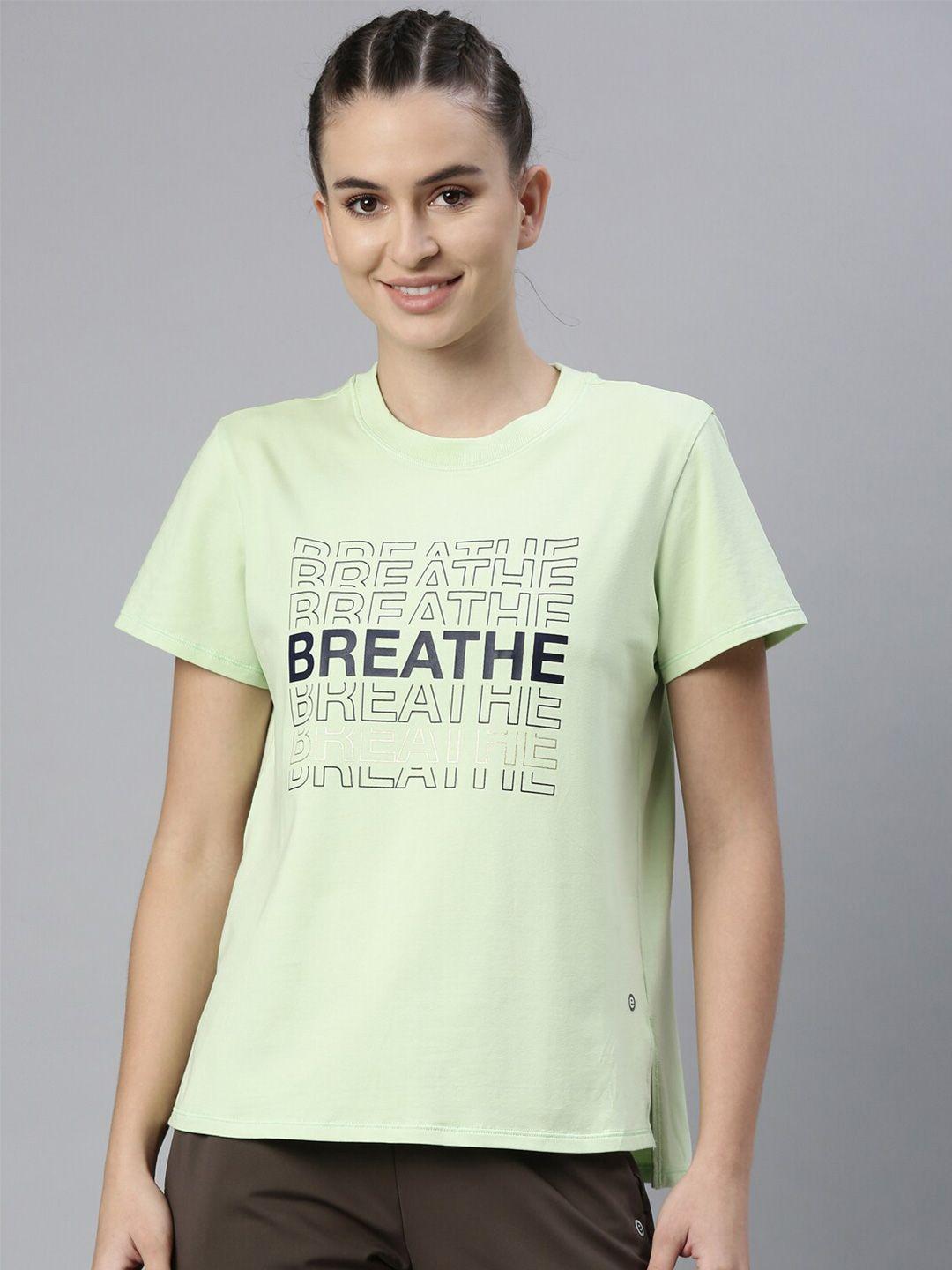 enamor women green typography printed anti odour relaxed fit outdoor cotton t-shirt