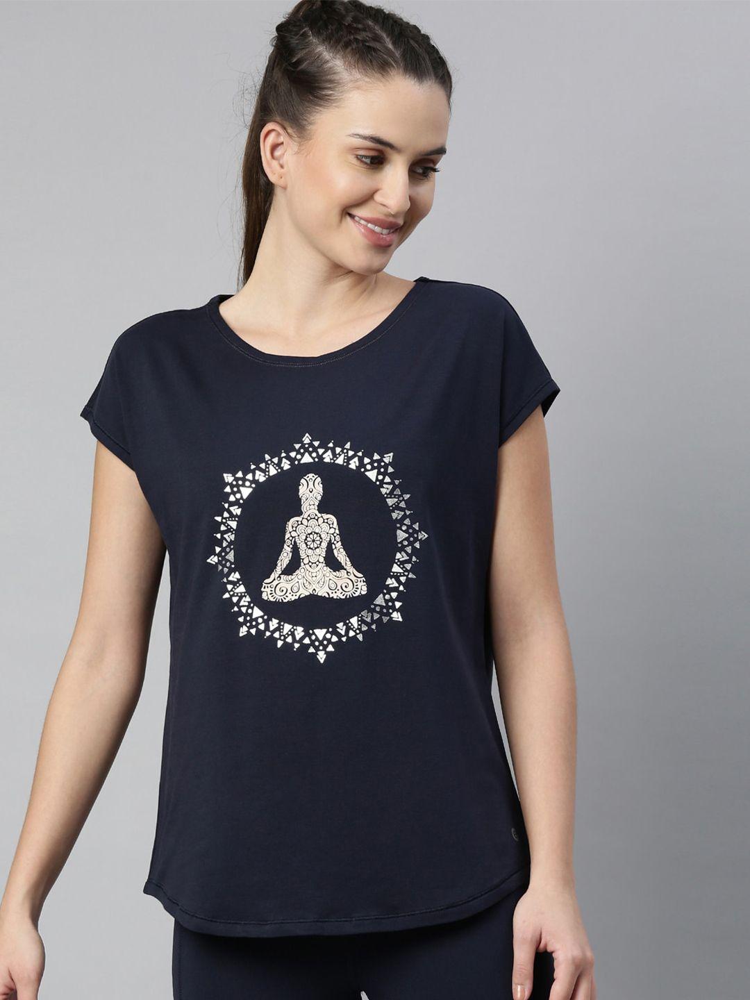 enamor women navy blue printed extended sleeves antimicrobial yoga cotton t-shirt