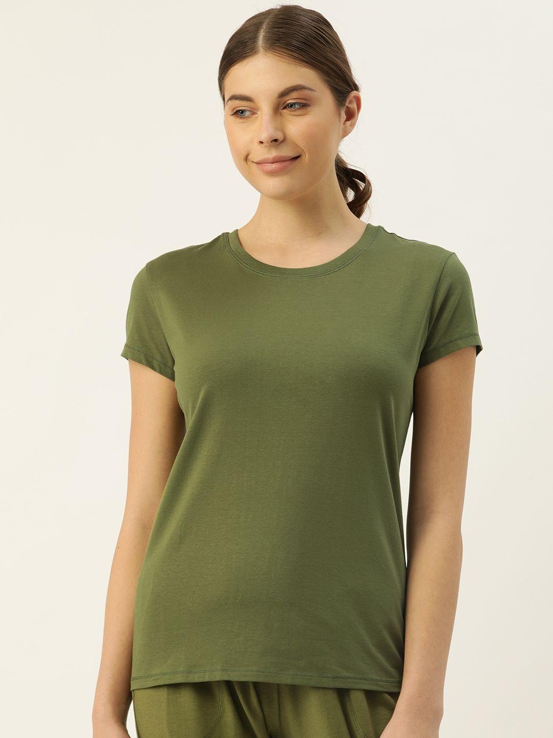 enamor women olive green slim fit crew round neck t-shirt